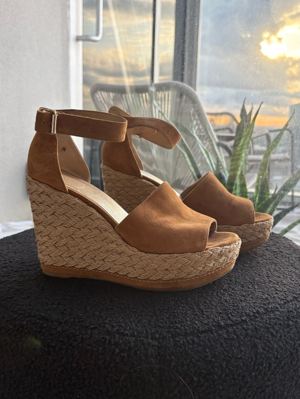 Stuart Weitzman Brown Tan Espadrille Wedge Sandals with Ankle Strap - SoHo Jute